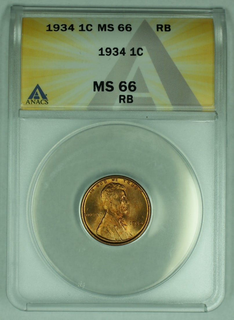 1934 Lincoln Wheat Cent ANACS MS66 Red Brown Certified US Coin: 1934 Lincoln Wheat Cent ANACS MS66 Red Brown Certified US Coin This is a 1934 Lincoln Wheat Cent 1C coin from the United States, certified by ANACS with a grade of MS 66 RB. The coin is uncirculated a
