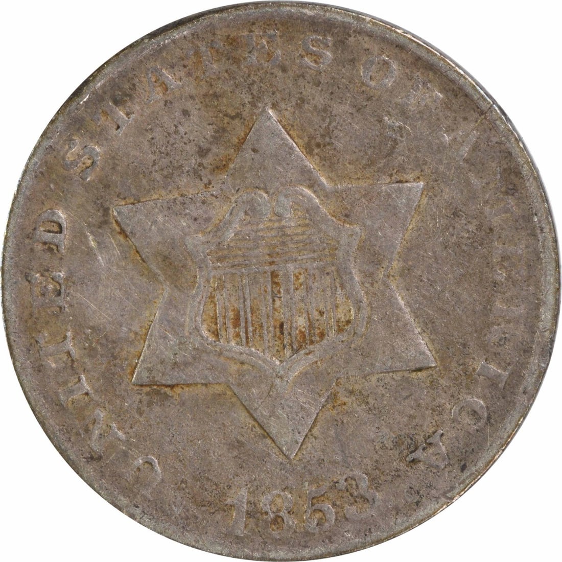 1853 Three Cent Silver Coin F Uncertified Philadelphia Mint (1 of 2)