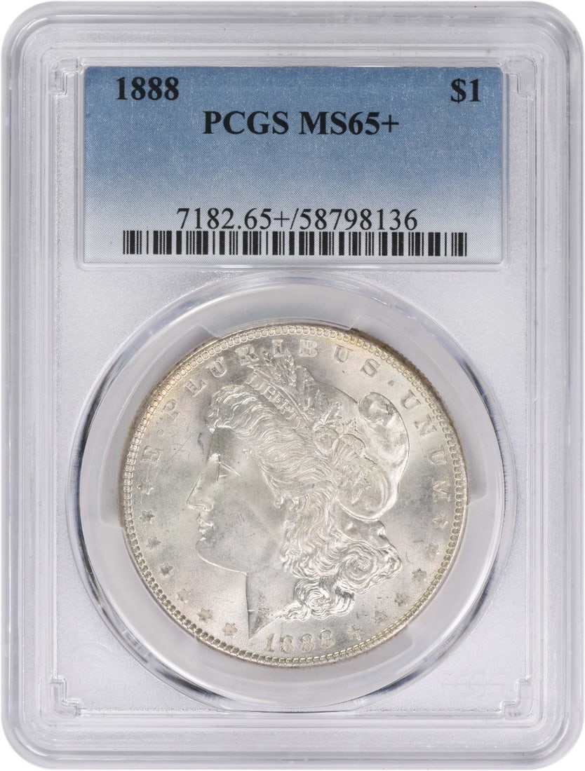 MS65 Plus Graded 1888 Morgan Dollar Certified by PCGS: MS65 Plus Graded 1888 Morgan Dollar Certified by PCGS This 1888 Morgan Silver Dollar is certified by PCGS with a grade of MS65+. Struck in Philadelphia with no mint mark, it features a composition of 