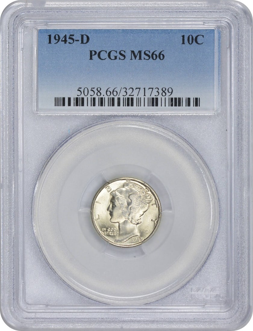 1945-D Mercury Dime MS66 PCGS Uncirculated Silver Coin: 1945-D Mercury Dime MS66 PCGS Uncirculated Silver Coin This 1945-D Mercury Silver Dime is a beautiful representation of American numismatic history, graded MS66 by PCGS. Struck in Denver, this uncircu