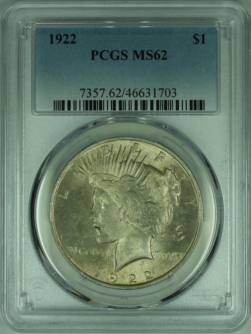 PCGS MS-62 1922 Peace Dollar Silver Coin Lightly Toned Philadelphia Mint: PCGS MS-62 1922 Peace Dollar Silver Coin Lightly Toned Philadelphia Mint This is a 1922 Peace Silver Dollar graded MS-62 by PCGS. The coin features light toning and is composed of 90% silver. It was m