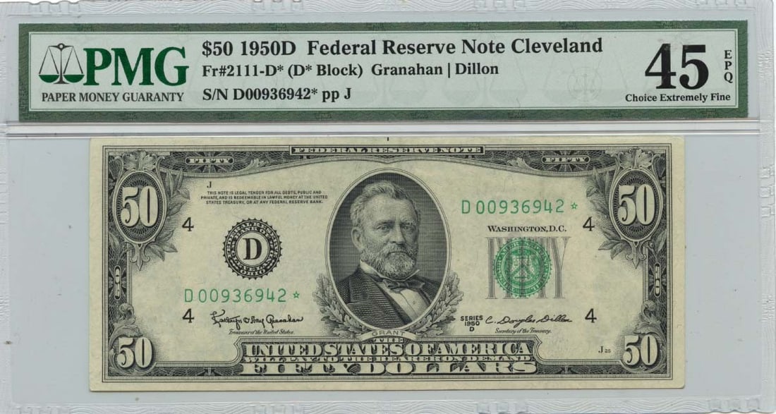 1950D $50 Federal Reserve Note Cleveland Fr# 2111-D* PMG EF45 EPQ: 1950D $50 Federal Reserve Note Cleveland Fr# 2111-D* PMG EF45 EPQ This 1950D $50 Federal Reserve Note, designated as Fr# 2111-D*, is a noteworthy collectible from the Cleveland series. Certified by PM