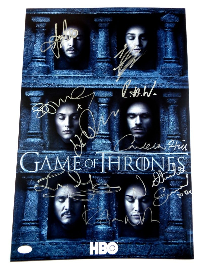 Game of Thrones 9 Cast Signed 13x20 Poster JSA Authenticated: Game of Thrones 9 Cast Signed 13x20 Poster JSA Authenticated Immerse yourself in the world of Westeros with this stunning multi-signed Game of Thrones poster. Measuring 13 3/8 x 19 3/4 inches, this or