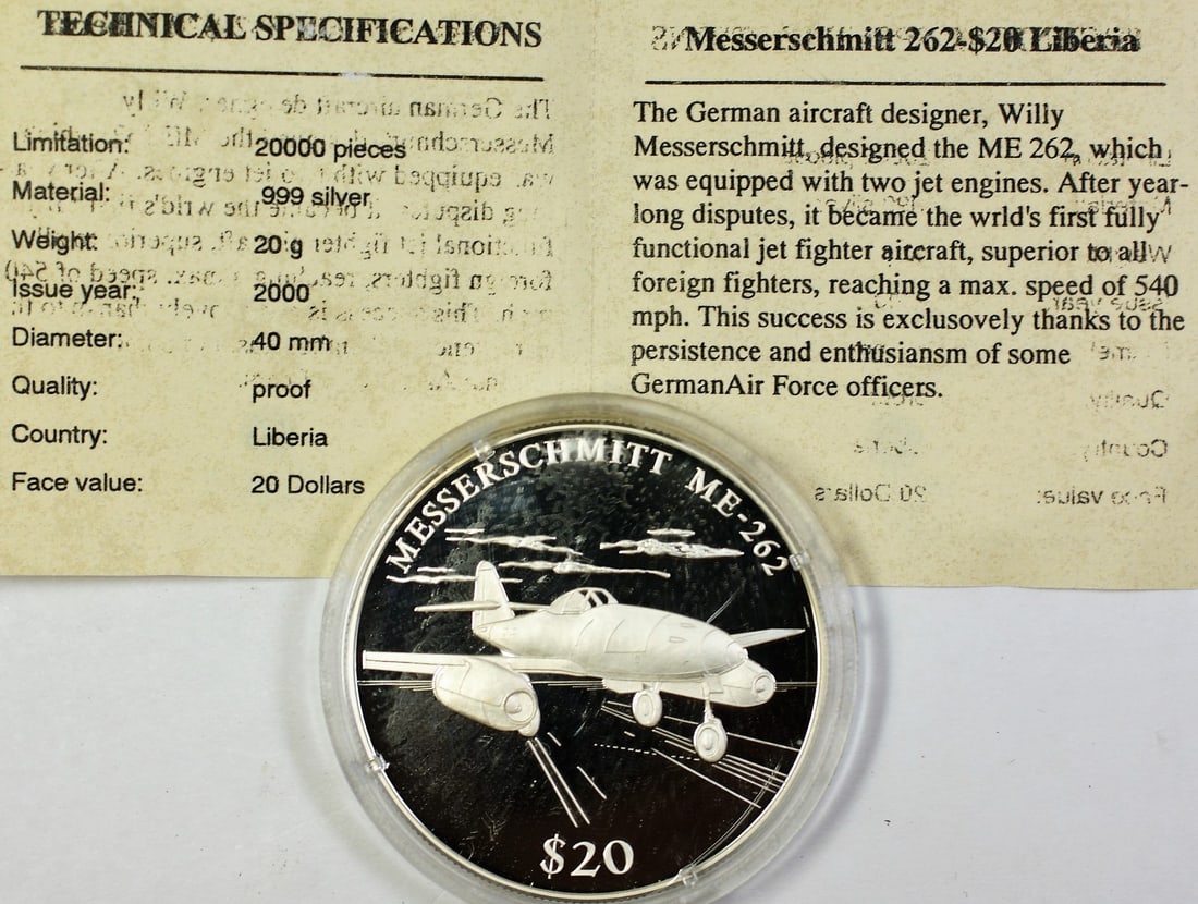 2000 Liberia Silver $20 Proof Coin Messerschmitt Jet with Certificate: 2000 Liberia Silver $20 Proof Coin Messerschmitt Jet with Certificate This is a 2000 Republic of Liberia $20 silver proof coin featuring the Messerschmitt German Jet design. Composed of 0.999 fine sil