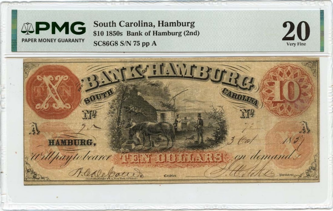 Bank of Hamburg 1857 Ten Dollar Note Certified by PMG VF20: Bank of Hamburg 1857 Ten Dollar Note Certified by PMG VF20 This is an 1857 $10 obsolete note issued by the Bank of Hamburg in Hamburg, South Carolina. Graded VF20 by PMG, this circulated note is a col