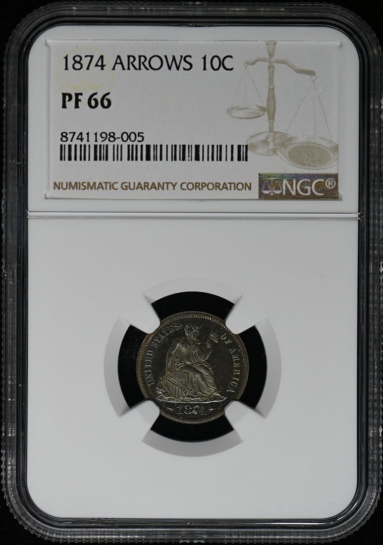 1874 Arrows Liberty Seated Dime NGC PR66 Uncirculated: 1874 Arrows Liberty Seated Dime NGC PR66 Uncirculated This remarkable 1874 Arrows Seated Liberty Dime is a true collector's gem. Graded PR66 by NGC, this proof coin is in uncirculated condition, showc
