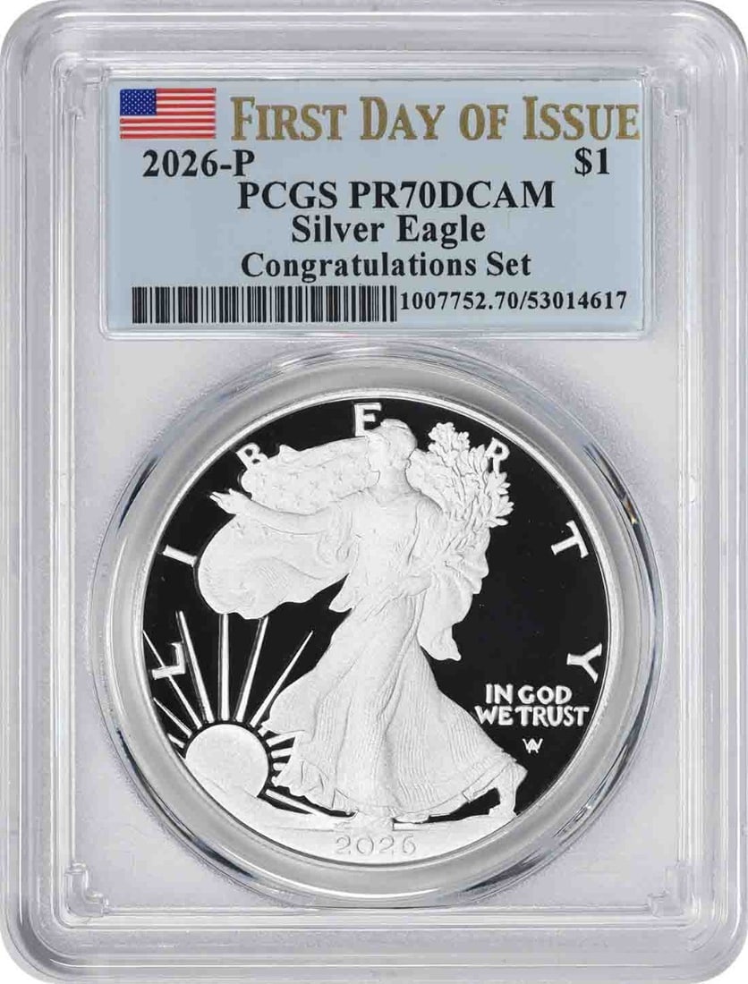American Eagle 2026 P Silver Dollar Proof PCGS PR70DCAM FDOI Congratulations: American Eagle 2026 P Silver Dollar Proof PCGS PR70DCAM FDOI Congratulations This 2026 $1 American Silver Eagle from the Congratulations Set is a proof coin graded PR70DCAM by PCGS. Struck at the U.S.