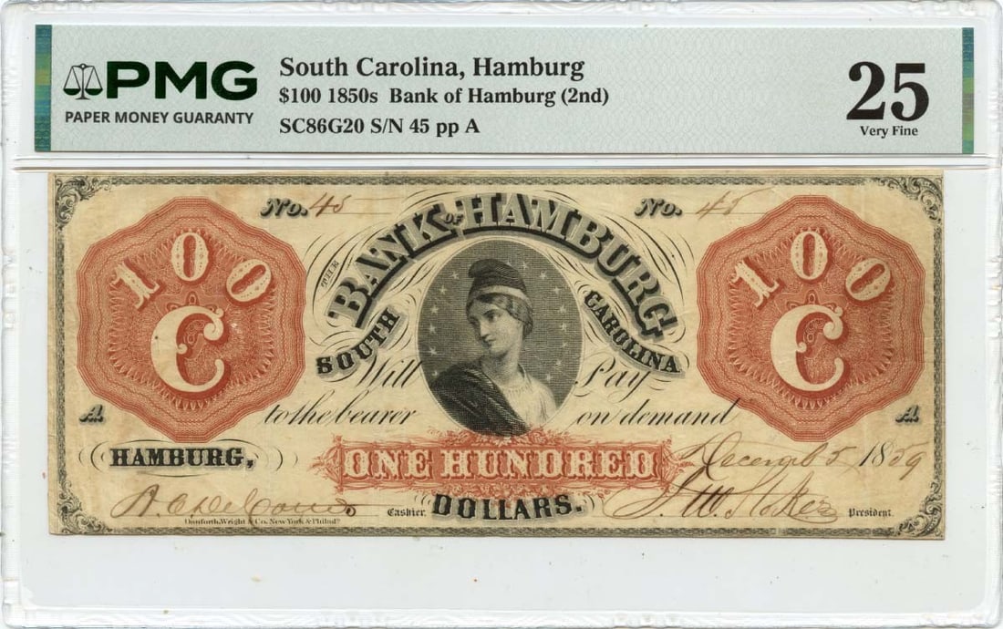 Bank of Hamburg 1859 One Hundred Dollar Obsolete Currency PMG VF25: Bank of Hamburg 1859 One Hundred Dollar Obsolete Currency PMG VF25 This 1859 $100 obsolete note from the Bank of Hamburg in South Carolina is a scarce piece of American banking history. Certified by P