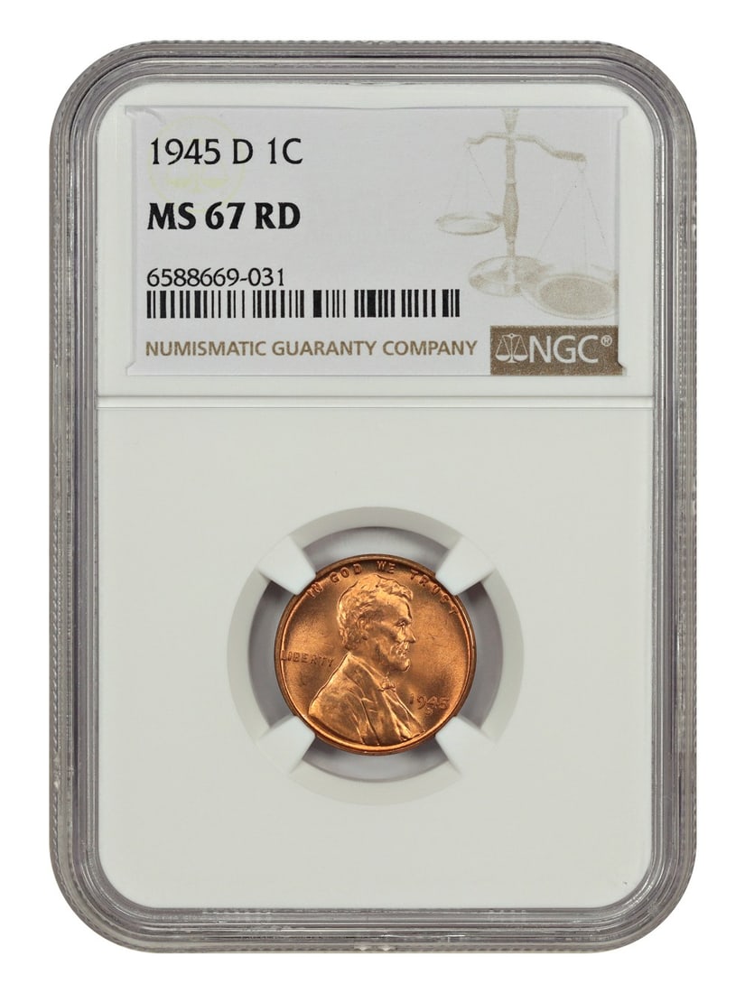 1945-D Lincoln Cent NGC MS67RD Wheat Reverse Coin: 1945-D Lincoln Cent NGC MS67RD Wheat Reverse Coin This 1945-D Lincoln Cent features the Wheat Reverse and has been graded as MS67RD by NGC, ensuring its exceptional quality and uncirculated condition.