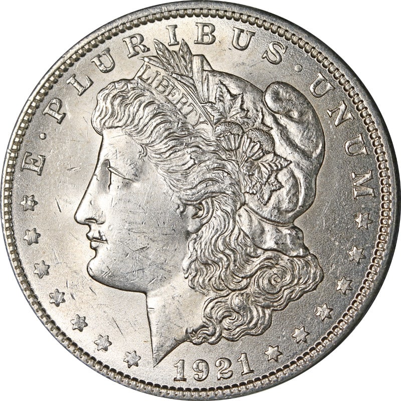 1921 Philadelphia Morgan Dollar Silver VAM 27A Wide Reeds Variety Coin: 1921 Philadelphia Morgan Dollar Silver VAM 27A Wide Reeds Variety Coin This 1921-P Morgan Silver Dollar features the VAM 27A variety with wide reeds. It is composed of silver with a fineness of 0.9 an