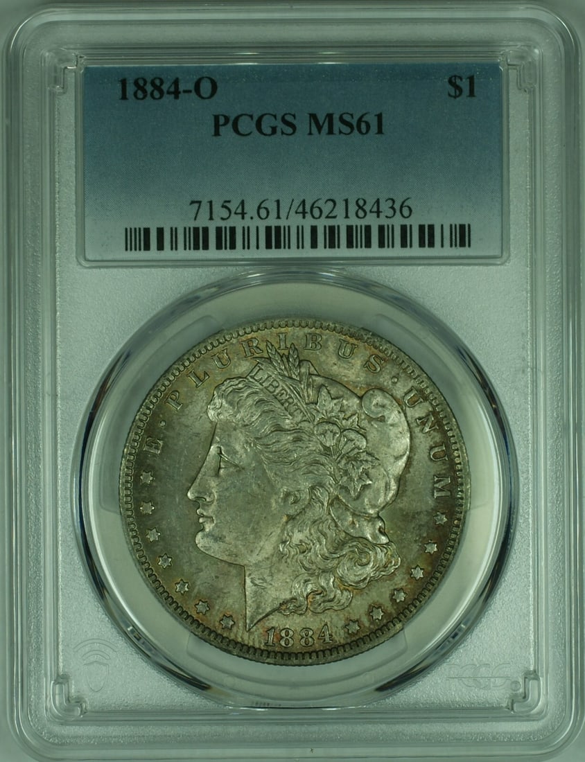 PCGS MS61 1884-O Morgan Dollar Toned Silver Coin New Orleans Mint: PCGS MS61 1884-O Morgan Dollar Toned Silver Coin New Orleans Mint This 1884-O Morgan Silver Dollar is certified by PCGS with a grade of MS-61 and features attractive toning. Struck in New Orleans, thi