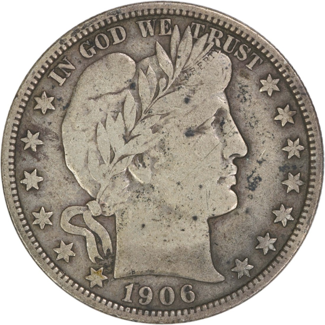 Barber Half Dollar 1906 Denver Mint 90 Percent Silver Uncertified F Grade Coin: Barber Half Dollar 1906 Denver Mint 90 Percent Silver Uncertified F Grade Coin This 1906-D Barber Half Dollar is a circulated coin from the United States, featuring a design by Charles E. Barber. Stru