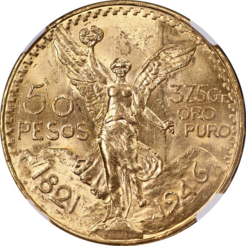 1946 Mexican 50 Peso Gold Coin NGC MS64 Certified Uncirculated: 1946 Mexican 50 Peso Gold Coin NGC MS64 Certified Uncirculated This is an original 1946 Mexico Gold 50 Peso coin, certified by NGC with a grade of MS64. The coin features strong strike and fantastic l