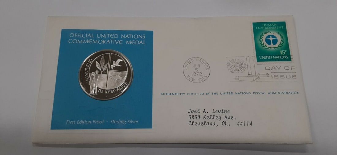 1972 Human Environment Silver Medal on United Nations First Day Cover: 1972 Human Environment Silver Medal on United Nations First Day Cover This 1972 United Nations First Day Cover commemorates the First Conference on the Human Environment and features a sterling silver