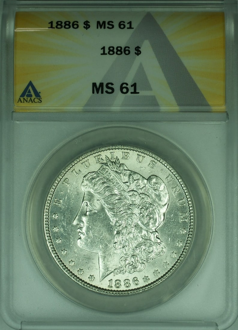 1886 Morgan Dollar ANACS MS-61 Silver Coin Philadelphia Mint: 1886 Morgan Dollar ANACS MS-61 Silver Coin Philadelphia Mint This 1886 Morgan Silver Dollar is an uncirculated $1 coin certified by ANACS with a grade of MS 61. Minted in Philadelphia, it features a s