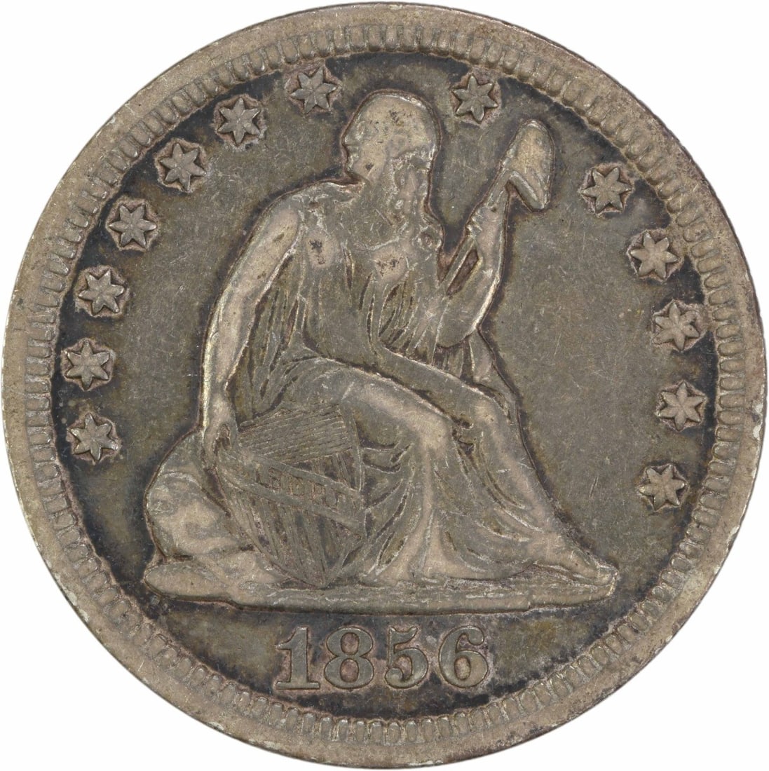 1856 Liberty Seated Quarter 90% Silver VF Uncertified: 1856 Liberty Seated Quarter 90% Silver VF Uncertified This 1856 Liberty Seated Quarter is a classic piece of American coinage, featuring the iconic Seated Liberty design. This coin has been circulated