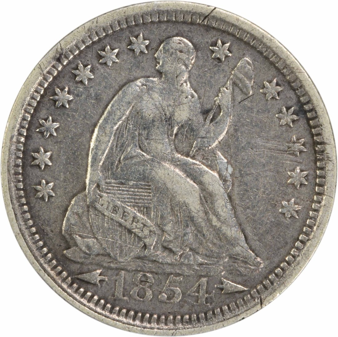 1854 Liberty Seated Half Dime Philadelphia EF Uncertified: 1854 Liberty Seated Half Dime Philadelphia EF Uncertified This 1854 Liberty Seated Silver Half Dime features a classic seated design by Christian Gobrecht and is a notable piece of numismatic history.