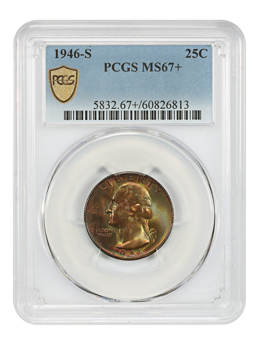 PCGS MS67 Plus 1946-S San Francisco Washington Quarter: PCGS MS67 Plus 1946-S San Francisco Washington Quarter This 1946-S Washington Quarter is graded MS67+ by PCGS and features deep rainbow toning on both sides, enhanced by bold luster. The coin is uncir