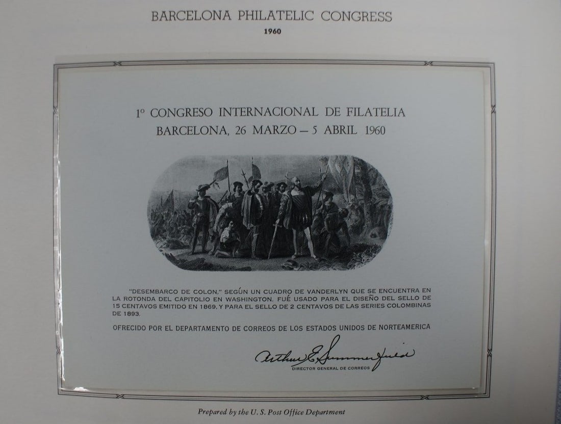 Landing of Columbus Vignette United States 1960 PS 1 Barcelona Souvenir Card: Landing of Columbus Vignette United States 1960 PS 1 Barcelona Souvenir Card This souvenir card features a vignette of the Landing of Columbus, issued as part of the PS 1 Barcelona 1960 series. The ca