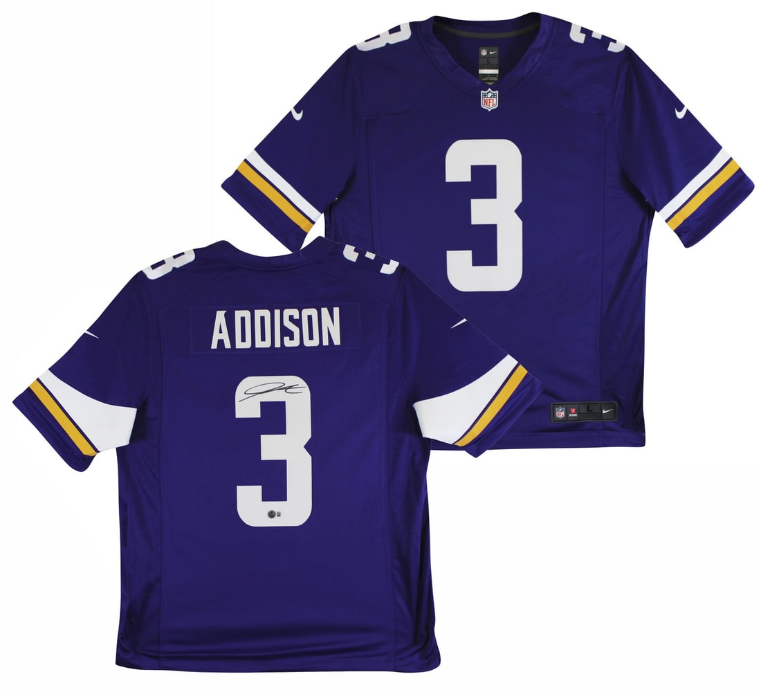 Jordan Addison Signed Purple Nike Limited Jersey Beckett Witnessed Authentic Vikings: Jordan Addison Signed Purple Nike Limited Jersey Beckett Witnessed Authentic Vikings This authentic purple Nike Limited Minnesota Vikings jersey has been personally signed by Jordan Addison. The autog