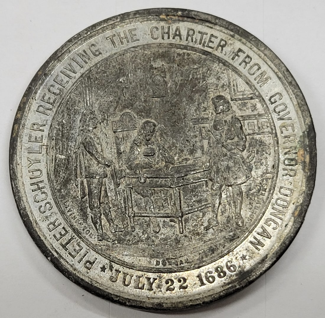 Commemorative Medal by G.H. Lovett for Albany NY 1886 Bicentennial: Commemorative Medal by G.H. Lovett for Albany NY 1886 Bicentennial This commemorative token was issued in 1886 to mark the Bicentennial Anniversary of the founding of Albany, New York. Engraved by G.H