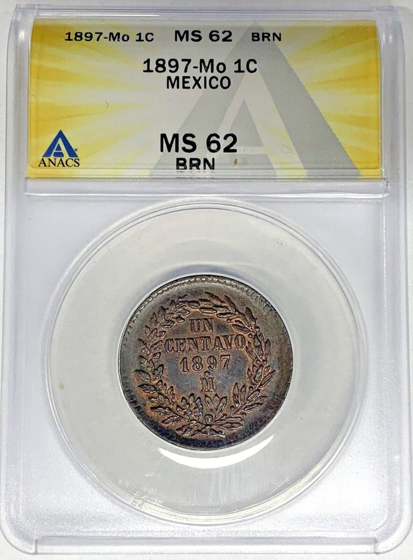 1897-Mo Copper 1 Centavo Coin MS 62 Brown ANACS Certified Mexico: 1897-Mo Copper 1 Centavo Coin MS 62 Brown ANACS Certified Mexico This 1897-Mo Mexico 1 Centavo coin is certified by ANACS with a grade of MS 62 BN. Minted during the Second Republic period (1867-1905)