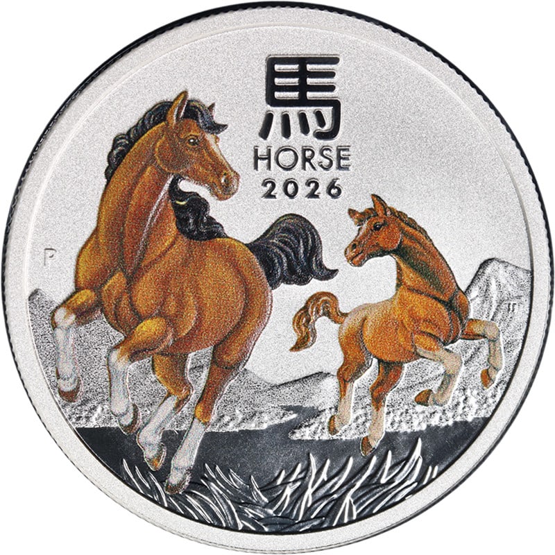 2026 Lunar Horse Colorized 50 Cent 1/2 Oz Silver Coin from Australia BU: 2026 Lunar Horse Colorized 50 Cent 1/2 Oz Silver Coin from Australia BU This 2026 Australia 1/2 Ounce Silver 50 Cents coin features the Lunar Horse design in a colorized finish. Struck in 0.999 fine s