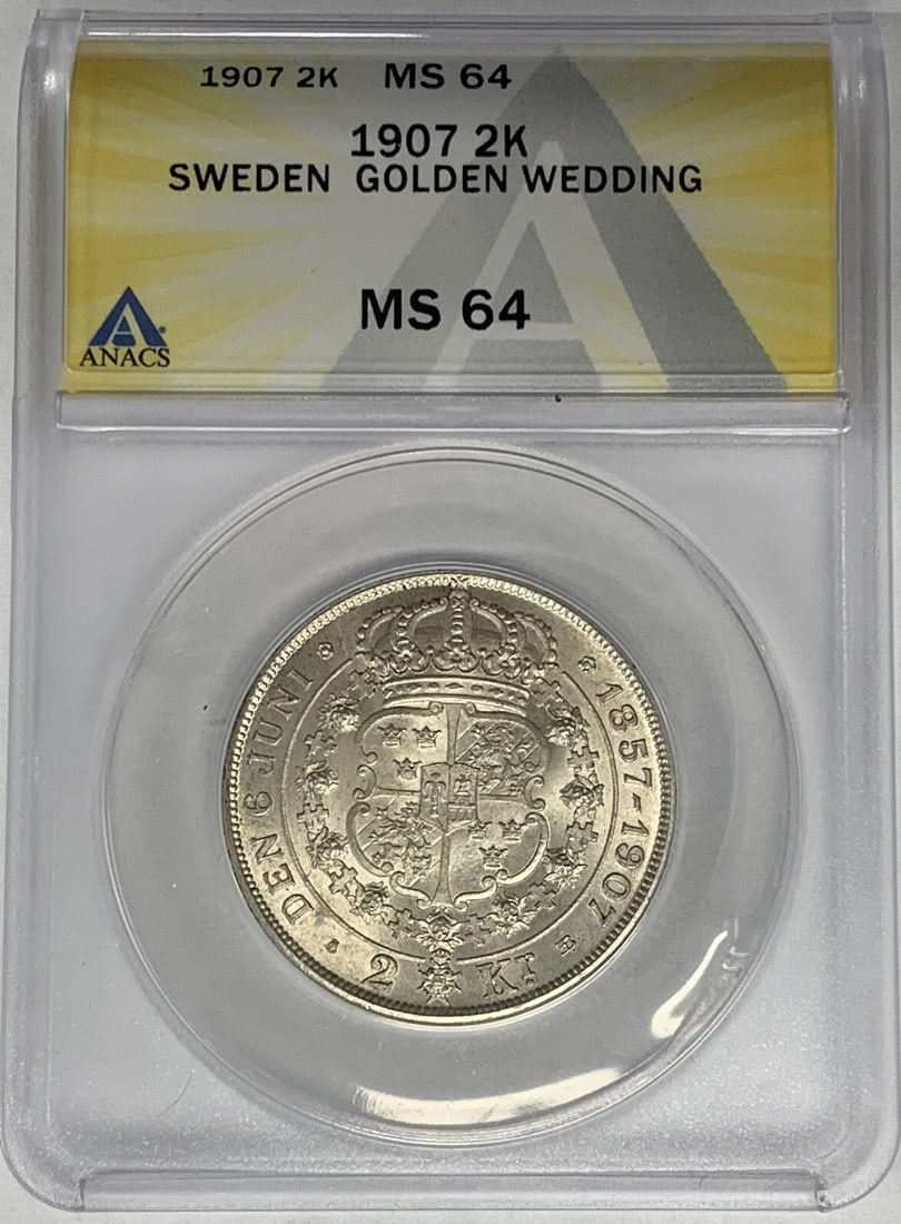 1907 Sweden 2 Kronor Silver Coin ANACS MS 64: 1907 Sweden 2 Kronor Silver Coin ANACS MS 64 This stunning 1907 Sweden 2 Kronor coin features a beautiful silver composition, showcasing exceptional craftsmanship from its year of minting. Graded MS 6