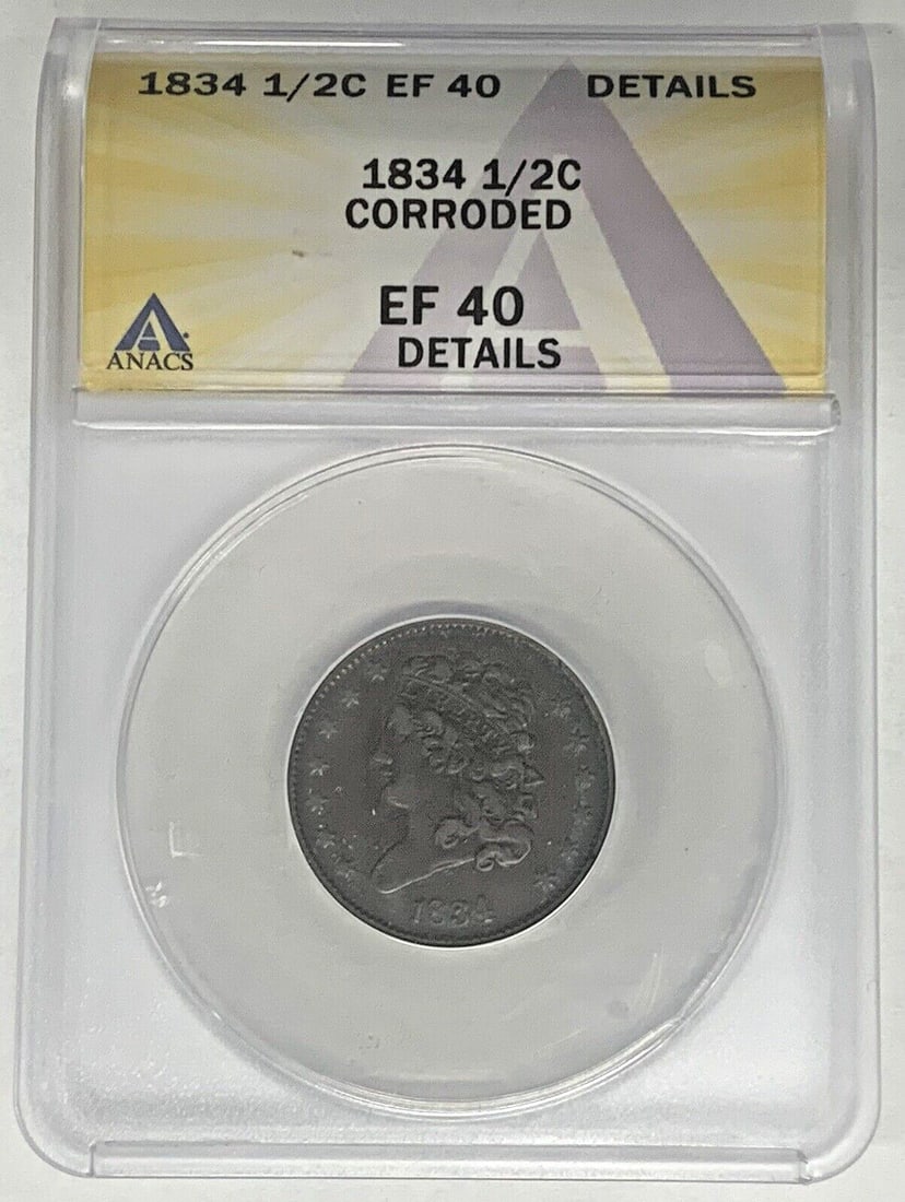 ANACS XF 40 Graded 1834 Classic Head Half Cent Corroded Details: ANACS XF 40 Graded 1834 Classic Head Half Cent Corroded Details This is an 1834 Classic Head Half Cent coin from the United States, graded XF 40 by ANACS. The coin is circulated and displays corrosion