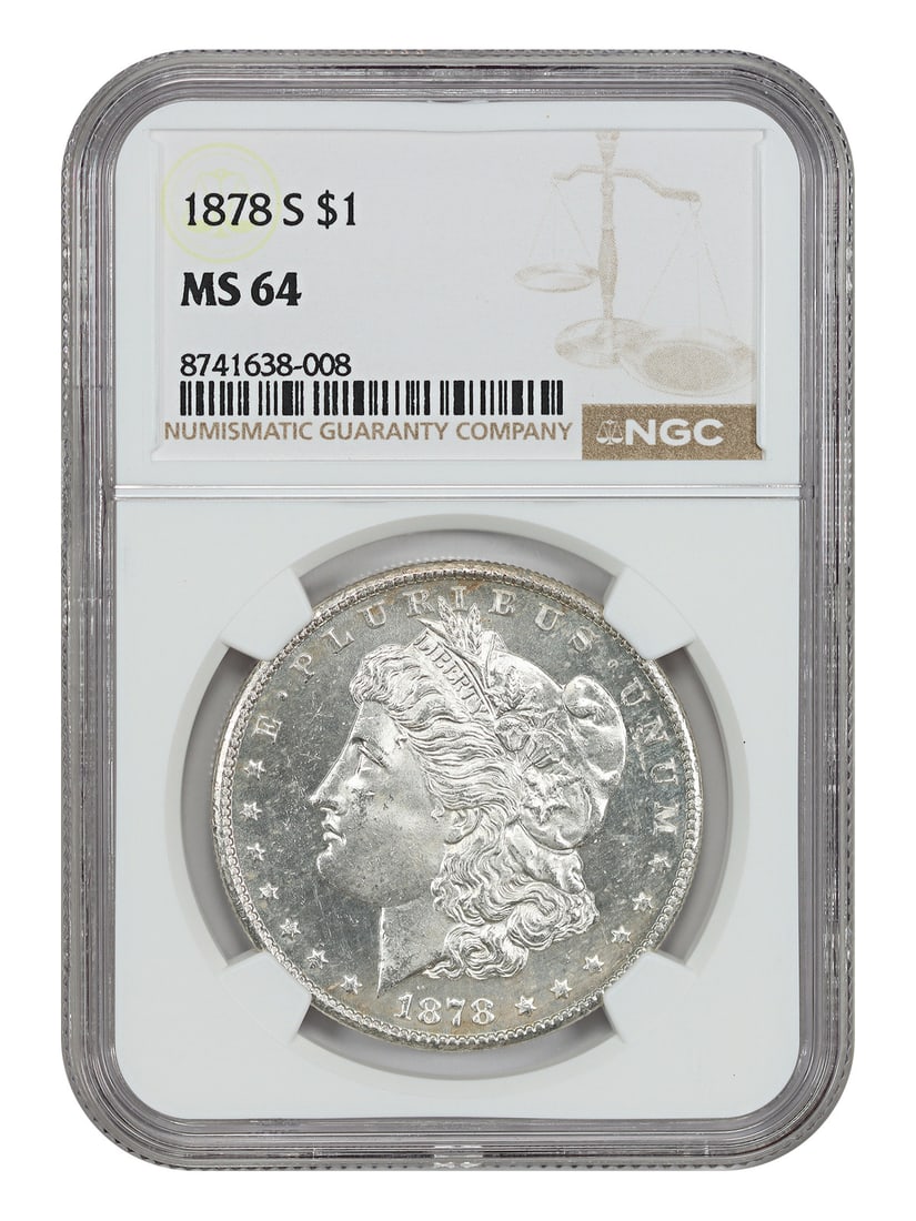 NGC MS64 1878 San Francisco Morgan Silver Dollar First Year Issue: NGC MS64 1878 San Francisco Morgan Silver Dollar First Year Issue This is an 1878-S Morgan Dollar graded MS64 by NGC, representing the first year of issue for the San Francisco Mint. This uncirculated