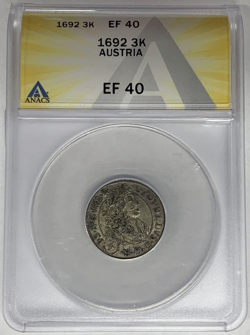 Silver 1692 Austria 3 Kreuzer ANACS Certified XF 40 Coin: Silver 1692 Austria 3 Kreuzer ANACS Certified XF 40 Coin This 1692 Austria 3 Kreuzer coin is composed of silver and graded XF 40 by ANACS, indicating a well-preserved pre-owned condition. Certified fo