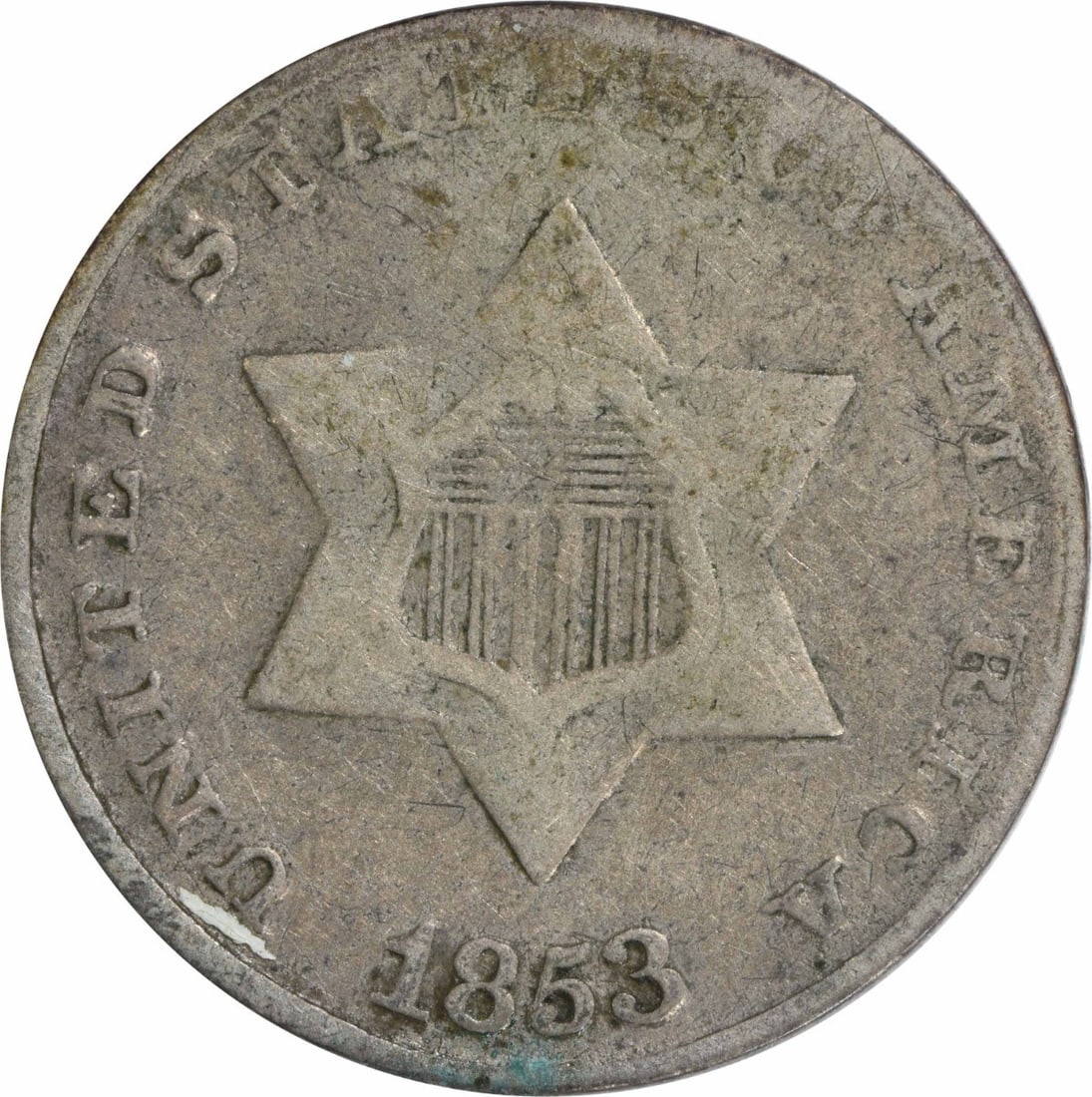 1853 Three Cent Silver Coin Philadelphia Mint Uncertified: 1853 Three Cent Silver Coin Philadelphia Mint Uncertified This 1853 Three Cent Silver coin is a historical piece from the United States, minted in Philadelphia. The coin features a composition of 75% 