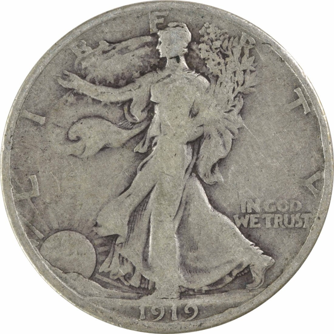 1919-D Walking Liberty Half Dollar 90% Silver VG Uncertified: 1919-D Walking Liberty Half Dollar 90% Silver VG Uncertified This 1919-D Walking Liberty Silver Half Dollar features a classic design by Adolph Alexander Weinman. Struck at the Denver Mint, this coin 
