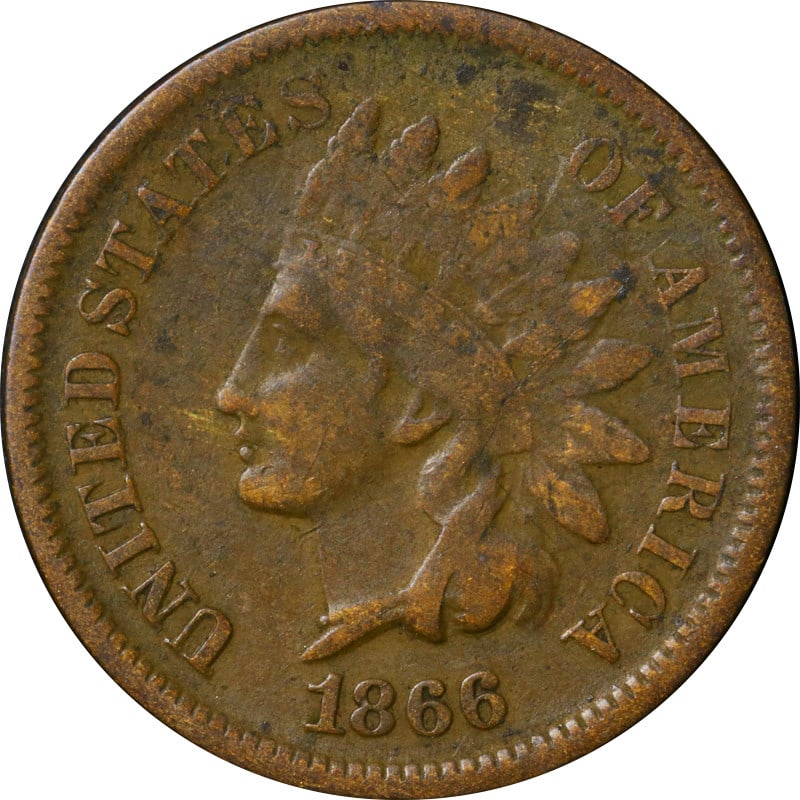 1866 Copper Indian Cent with Distinct Reverse Die Break: 1866 Copper Indian Cent with Distinct Reverse Die Break This 1866 Indian Cent features a notable die break on the reverse. The coin is circulated and composed of copper, originating from the United St