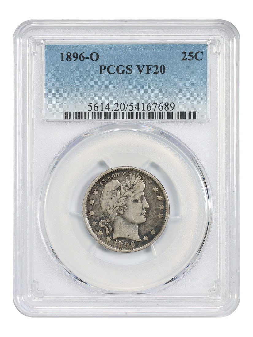 Barber Quarter 1896-O PCGS VF20 Key Date New Orleans Mint 25C Coin: Barber Quarter 1896-O PCGS VF20 Key Date New Orleans Mint 25C Coin This is an 1896-O Barber Quarter, a key date coin minted in New Orleans. Graded VF20 by PCGS, this circulated 25-cent piece is part o