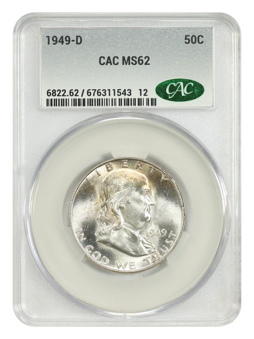 1949 Denver Franklin Half Dollar CACG MS62 Certified: 1949 Denver Franklin Half Dollar CACG MS62 Certified This is a 1949-D Franklin Half Dollar graded MS62 by CACG. The coin is uncirculated and was minted in Denver. It is part of the Franklin Half Dolla