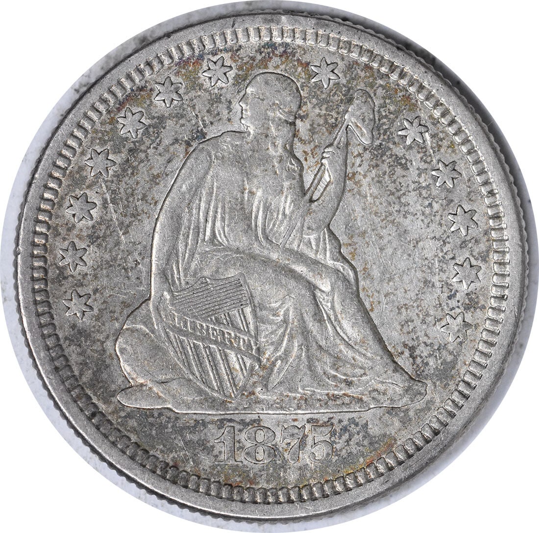1875-S Liberty Seated Quarter AU 90% Silver 25C San Francisco: 1875-S Liberty Seated Quarter AU 90% Silver 25C San Francisco This 1875-S Liberty Seated Quarter is a remarkable piece of numismatic history, featuring a beautiful design by Robert Ball Hughes and Chr