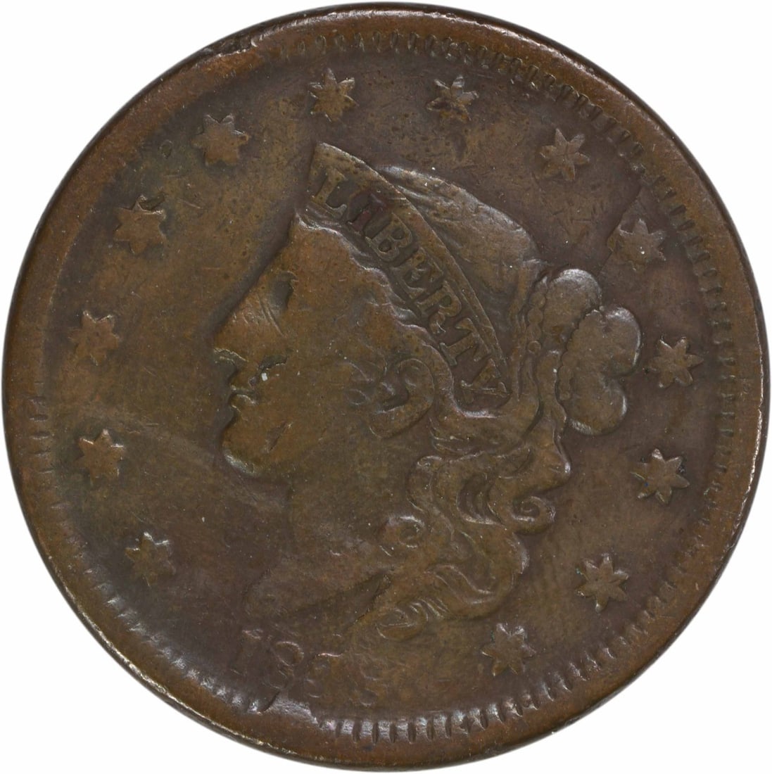 1838 Coronet Head Large Cent VF Uncertified Philadelphia Mint: 1838 Coronet Head Large Cent VF Uncertified Philadelphia Mint This 1838 Large Cent features a vintage design by Gobrecht and is classified as Very Fine (VF). Struck at the Philadelphia Mint, this coin