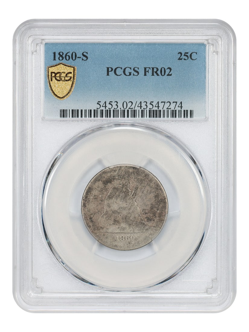 1860 San Francisco Liberty Seated Quarter PCGS Graded Fair 02: 1860 San Francisco Liberty Seated Quarter PCGS Graded Fair 02 This is an 1860-S Liberty Seated Quarter, certified by PCGS with a grade of Fair 02. Struck at the San Francisco Mint, this quarter is par