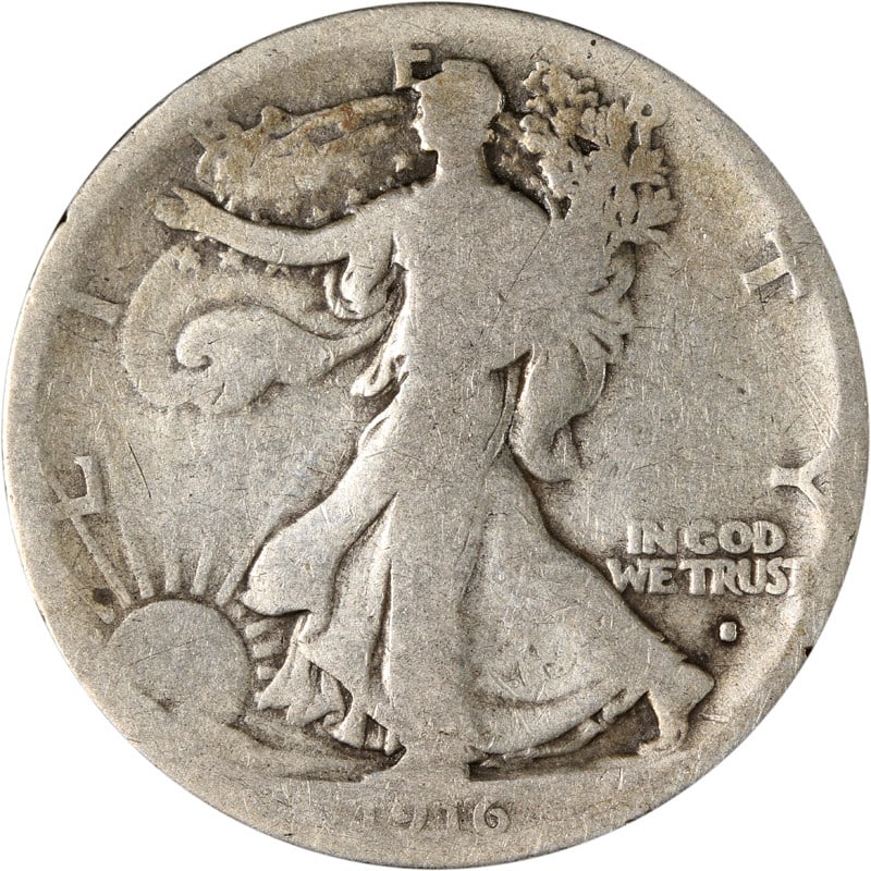 1916 San Francisco Silver Walking Liberty Half Dollar Coin Circulated: 1916 San Francisco Silver Walking Liberty Half Dollar Coin Circulated This 1916-S Obverse Walking Liberty Half is a circulated silver coin minted in San Francisco. It features a fineness of 0.9 and or