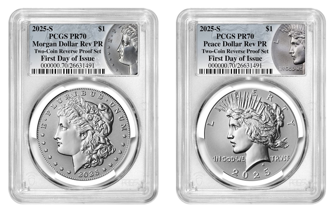 2025-S PR70 Reverse Proof Morgan Peace Silver Dollar 2 Coin Set FDOI PCGS: 2025-S PR70 Reverse Proof Morgan Peace Silver Dollar 2 Coin Set FDOI PCGS This exceptional 2025-S Reverse Proof Morgan & Peace Silver Dollar 2 Coin Set is a must-have for collectors. Struck by the U.S