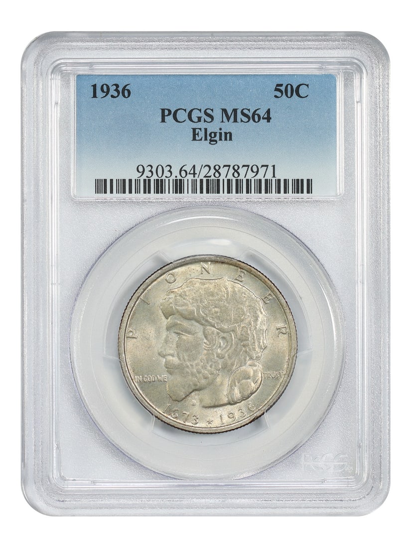 Elgin 1936 Half Dollar PCGS MS64 Classic Silver Commemorative Coin: Elgin 1936 Half Dollar PCGS MS64 Classic Silver Commemorative Coin This 1936 Elgin 50-cent coin is a classic silver commemorative, graded MS64 by PCGS. Issued to mark the 100th anniversary of Elgin, I