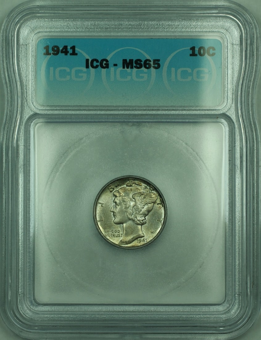 1941 10C Mercury Dime Silver Coin ICG MS-65 Philadelphia Toned: 1941 10C Mercury Dime Silver Coin ICG MS-65 Philadelphia Toned This is a 1941 Mercury Silver Dime from the United States, featuring a 10-cent denomination. The coin is composed of 90% silver and was m