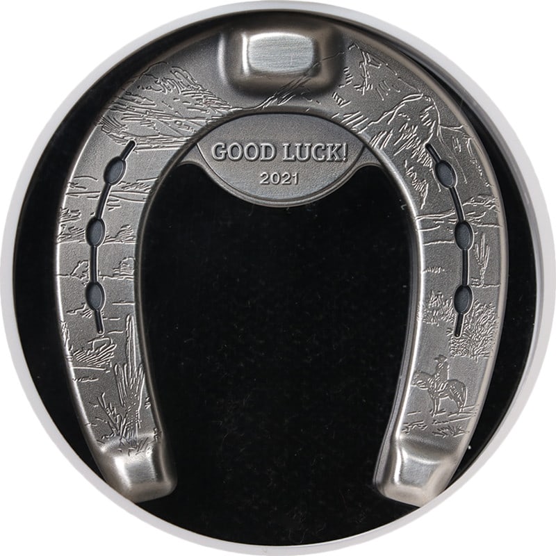 Lucky Horseshoe Shaped 2021 Silver $5 Coin NGC MS70 Antiqued Palau: Lucky Horseshoe Shaped 2021 Silver $5 Coin NGC MS70 Antiqued Palau This is a 2021 Palau $5 coin crafted from 1 ounce of 0.999 fine silver, featuring a distinctive horseshoe shape. The coin is certifie