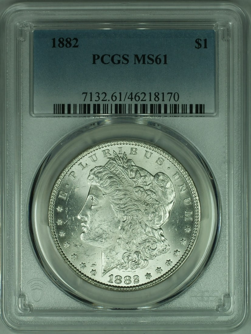 1882 Morgan Dollar Silver Coin PCGS MS61 Philadelphia Mint Certified: 1882 Morgan Dollar Silver Coin PCGS MS61 Philadelphia Mint Certified This is an 1882 Morgan Silver Dollar coin from the United States, graded MS-61 by PCGS. The coin is composed of 90% silver and was 
