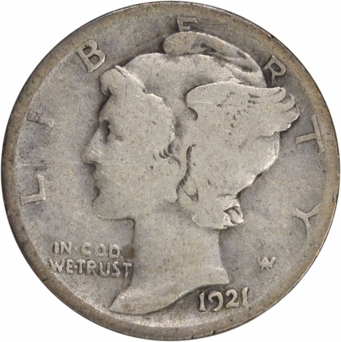 1921 Mercury Dime 10C G Uncertified 90% Silver USA: 1921 Mercury Dime 10C G Uncertified 90% Silver USA This 1921 Mercury Silver Dime showcases the artistry of designer Adolph Alexander Weinman. Struck in Philadelphia, this coin is a classic piece of Am
