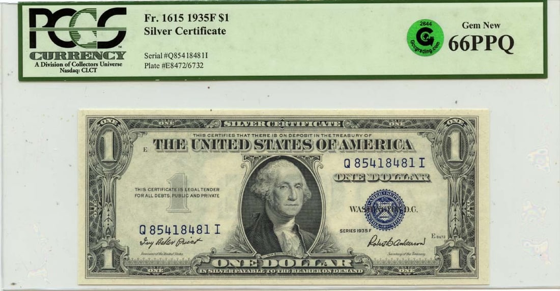 1935F $1 Silver Certificate FR#1615 PCGS GEM 66 PPQ: 1935F $1 Silver Certificate FR#1615 PCGS GEM 66 PPQ This 1935F $1 Silver Certificate (FR#1615) is an exquisite piece of currency, certified by PCGS Currency with a grade of GEM 66 PPQ, ensuring its ex
