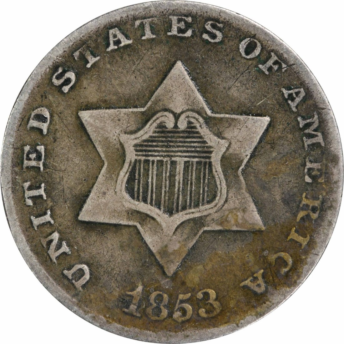1853 Three Cent Silver Coin Uncertified Philadelphia Mint: 1853 Three Cent Silver Coin Uncertified Philadelphia Mint This 1853 Three Cent Silver coin, minted in Philadelphia, features a composition of 75% silver and 25% copper. Graded as Fine (F), this circul