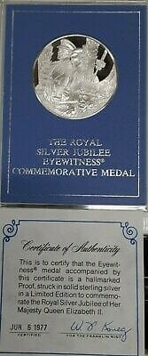 1977 Sterling Silver Royal Jubilee Eyewitness Medal by Franklin Mint Proof: 1977 Sterling Silver Royal Jubilee Eyewitness Medal by Franklin Mint Proof This 1977 proof Franklin Mint Royal Silver Jubilee Eyewitness Medal is struck in .925 sterling silver. It commemorates the 25