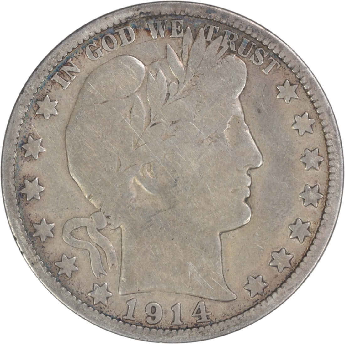 1914 VG Barber Half Dollar 90 Percent Silver Philadelphia Uncertified: 1914 VG Barber Half Dollar 90 Percent Silver Philadelphia Uncertified This 1914 Barber Silver Half Dollar was struck at the Philadelphia Mint and features the design by Charles E. Barber. Composed of 